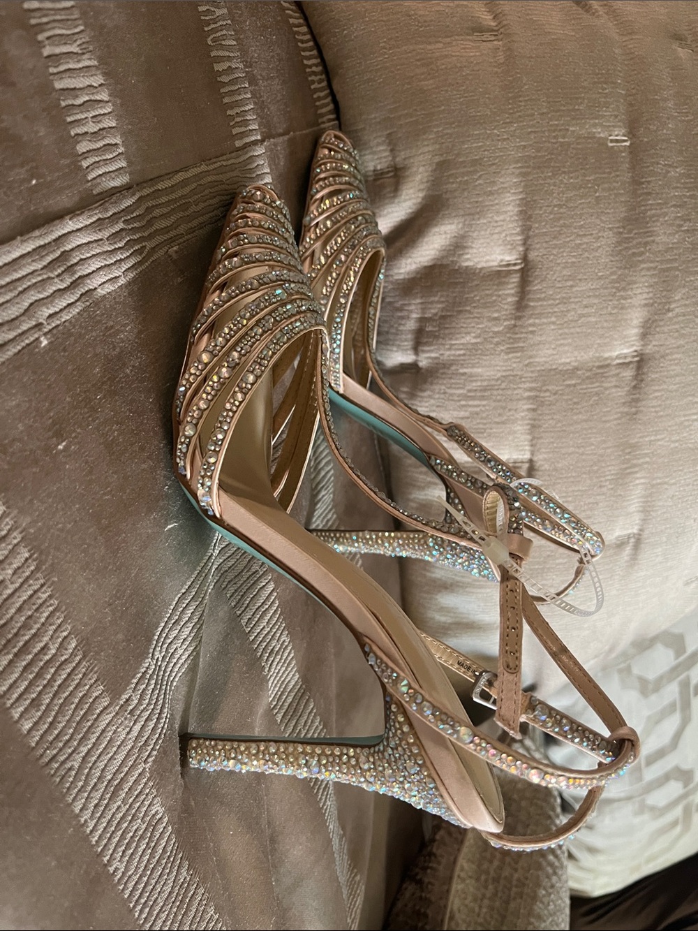 Betsey Johnson Beige Crystal T-Strap Pointed Heels - Picture 2 of 5